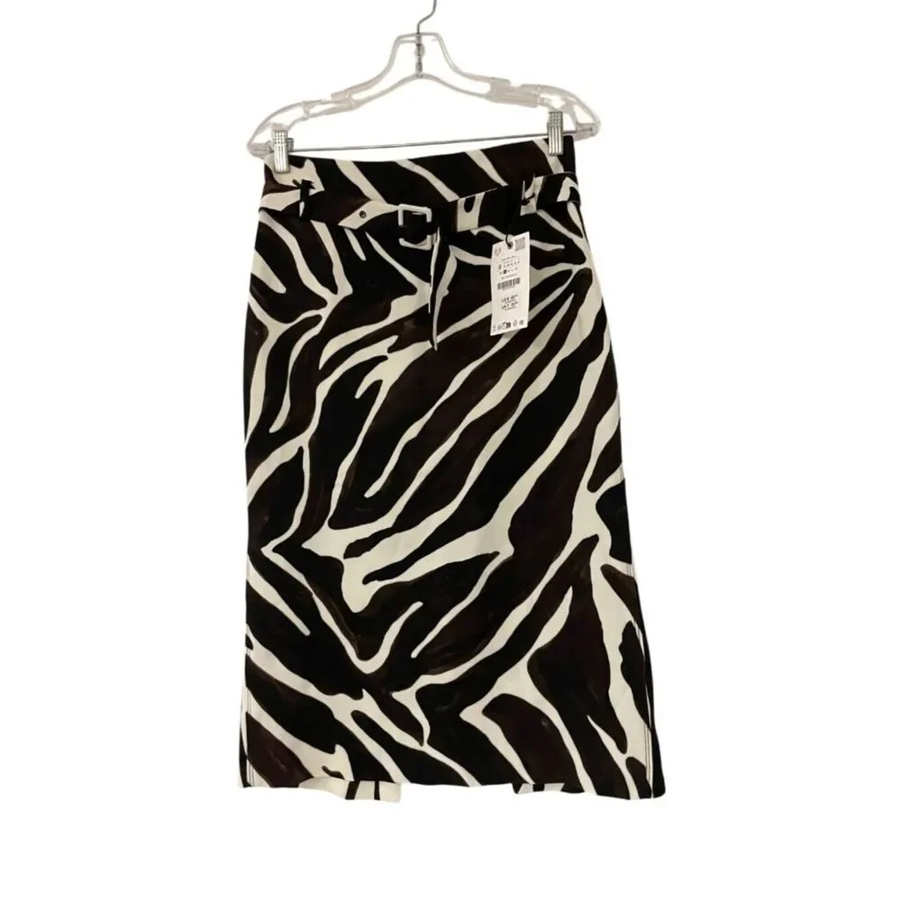 Zara ZW collection Women Animal Print Pencil Skirt Small Black Ecru 8430/055 NWT